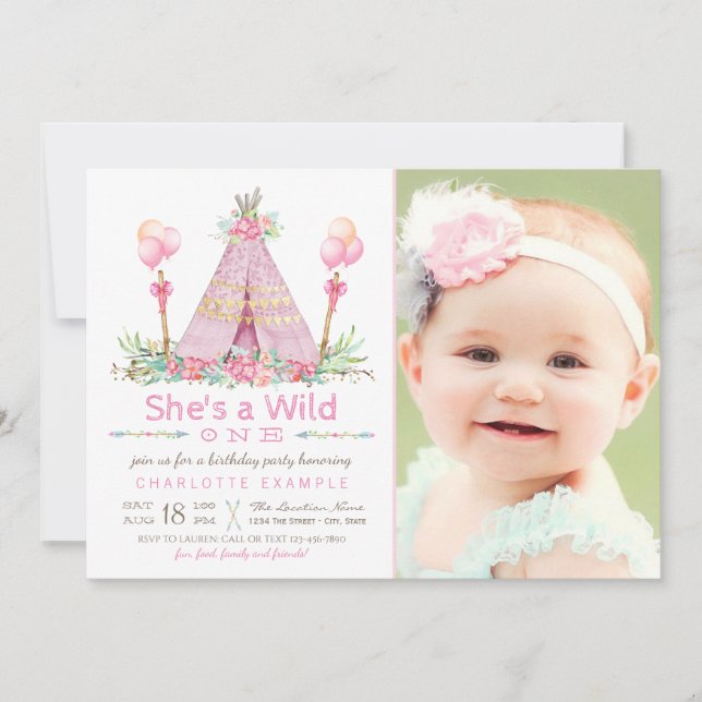 Wild One Birthday Party Pink Teepee 1st Birthday Invitation (Front)
