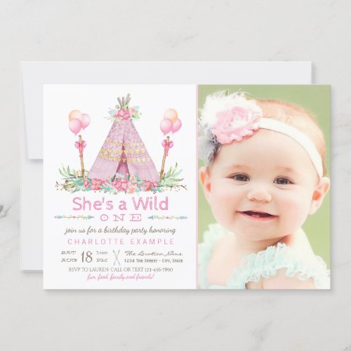 Wild One Birthday Party Pink Teepee 1st Birthday Invitation