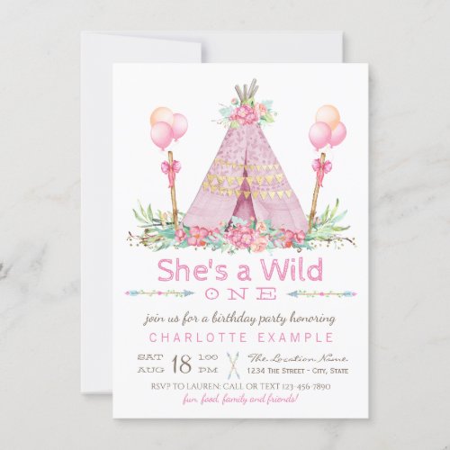 Wild One Birthday Party Pink Teepee First Birthday Invitation