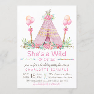 Wild One Birthday Party Pink Teepee First Birthday Invitation