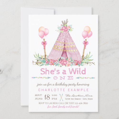 Wild One Birthday Party Pink Teepee First Birthday Invitation