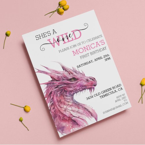 Wild One Birthday Pink Dragon Fairy Tale  Invitation