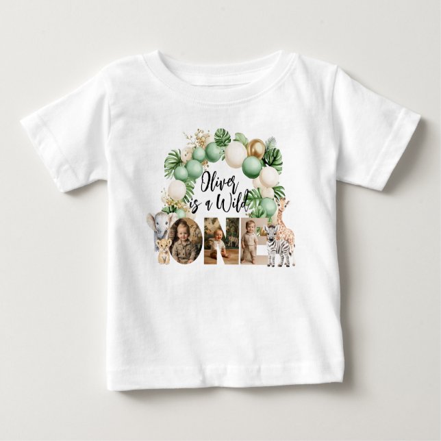 Wild One Birthday Safari Animal Photo Baby T-Shirt (Front)