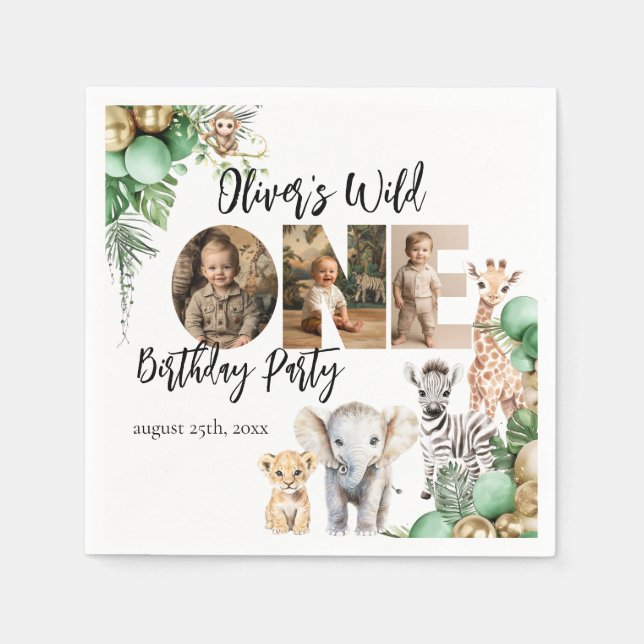 Wild One Birthday Safari Animal Photo Napkins (Front)