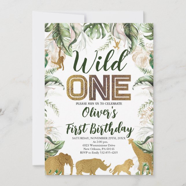 Wild One Birthday, Safari, Jungle WILD One Animal Invitation (Front)
