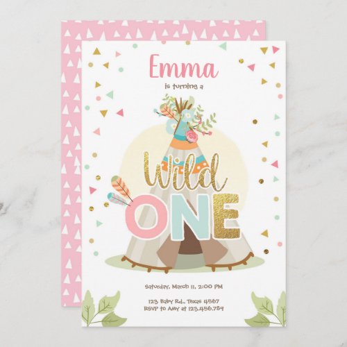 Wild One Birthday Teepee Boho Tribal Pink Girl Invitation