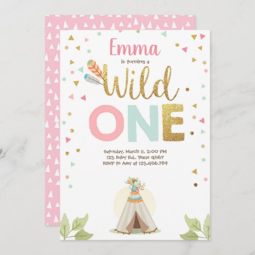 Wild One Birthday Teepee Boho Tribal Pink Girl Invitation