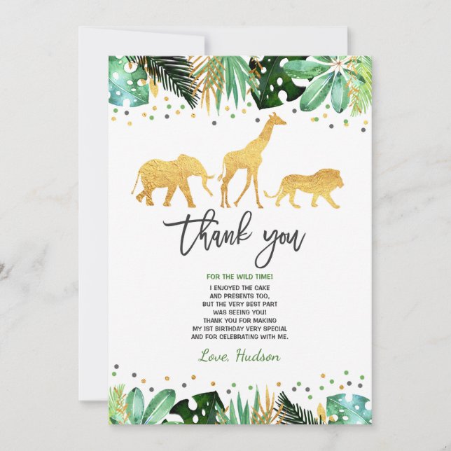 Wild One Birthday Thank You Card Jungle Animals (Front)