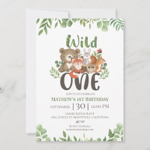 Wild One Birthday Woodland Animals Greenery Invita Invitation
