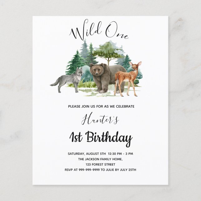 Wild One birthday woodland forest animals budget Flyer (Front)