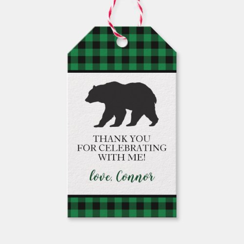 Wild One Black Bear Green Buffalo Plaid Thank You Gift Tags