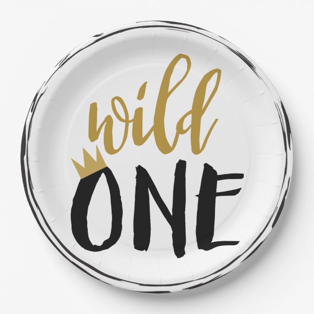 Wild One Black + Gold Photo 1 1st Birthday Paper Plates (Front)