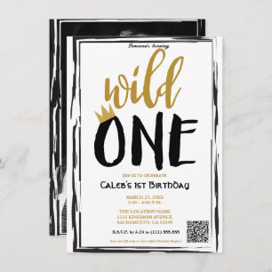 Wild One Black + Gold Photo 1 1st Birthday QR code Invitation