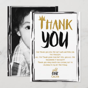 Wild One Black Gold Photo 1 1st Birthday Thank You Invitation