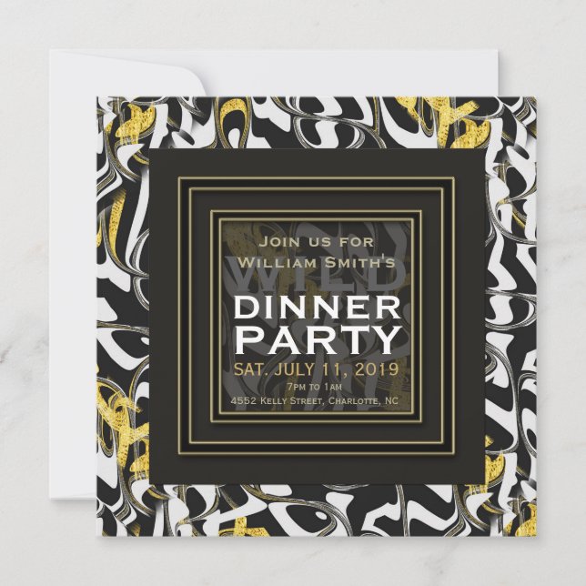 Wild one! Black White Gold design Dinner Party Invitation (Front)