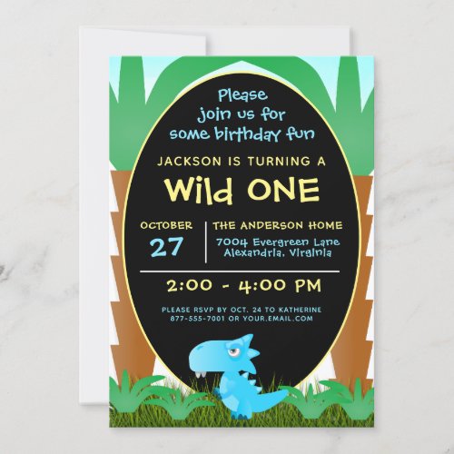 Wild ONE Blue Dinosaur Boy Birthday Invitation