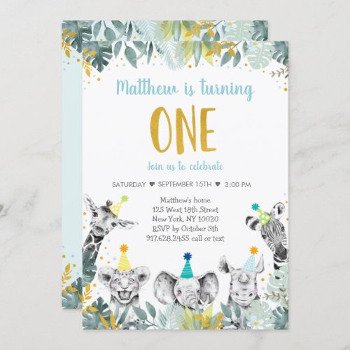 Wild One Blue Gold Party Animal Birthday Invitatio Invitation