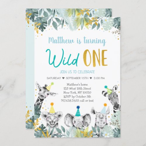 Wild One Blue Gold Party Animal Birthday Invitation