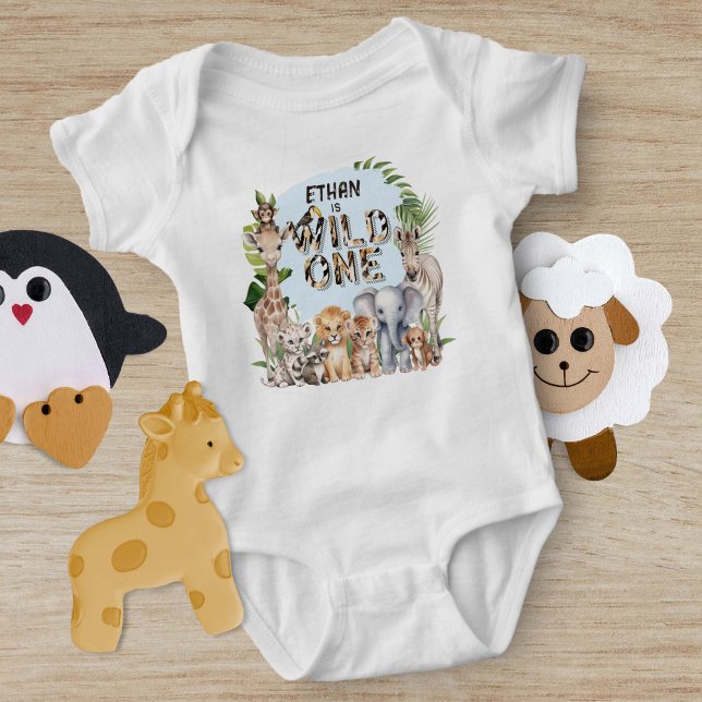Wild One Blue Jungle Animals 1st Birthday Baby Bodysuit (Creator Uploaded)