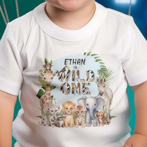 Wild One Blue Jungle Animals 1st Birthday Baby T_Shirt