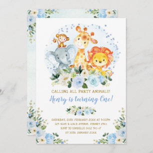 Wild One Blue Jungle Safari Animals 1st Birthday Invitation