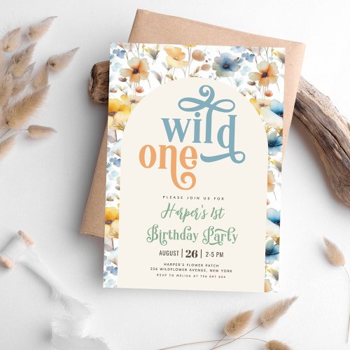 wild one blue yellow wild flower 1st Birthday  Invitation