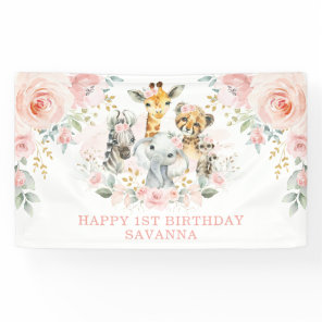 Wild One Blush Floral Jungle Birthday Girl Party Banner