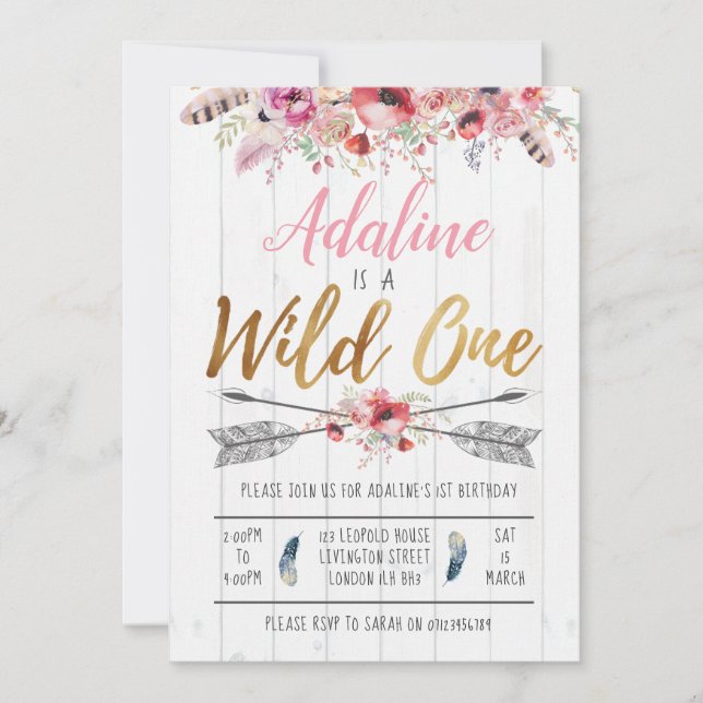 Wild One Boho Birthday Girls 1st birthday invite (Front)