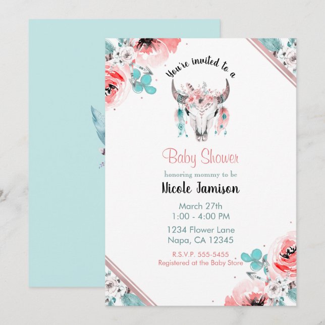 WILD ONE Boho Chic Floral Baby Shower Invitation (Front/Back)