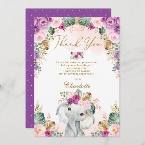 Wild One Boho Elephant Pink Purple Floral Birthday Thank You Card