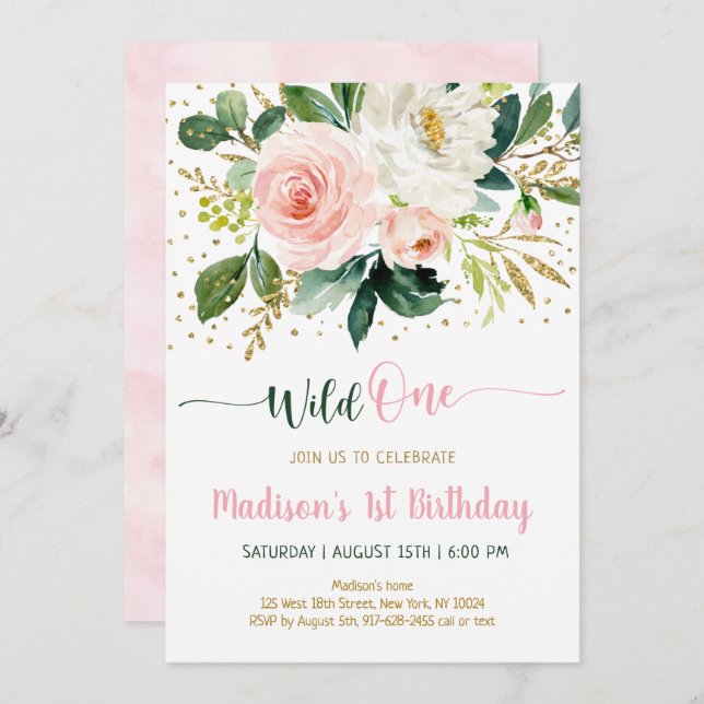Wild One Boho Floral Pink Gold Birthday Invitation (Front/Back)
