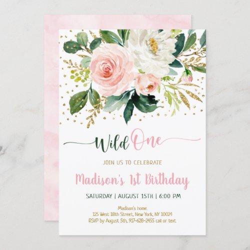 Wild One Boho Floral Pink Gold Birthday Invitation
