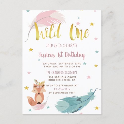 Wild One  Boho Fox  Feathers Gold Birthday Invitation Postcard