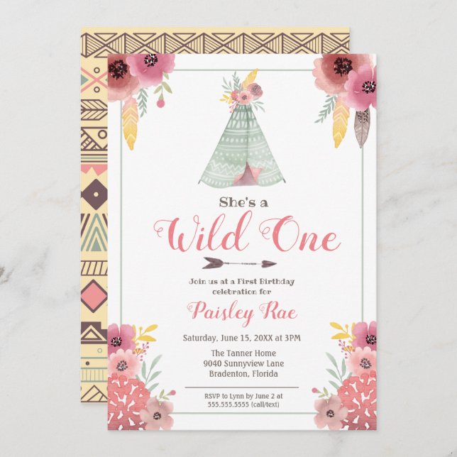 Wild One Boho Girls First Birthday Invitation (Front/Back)
