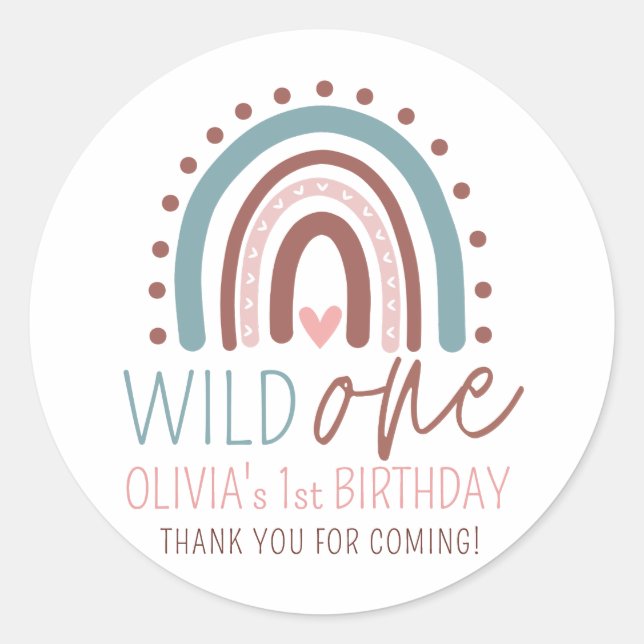 Wild ONE Boho Rainbow Pink Girl Birthday 1st Thank Classic Round Sticker (Front)