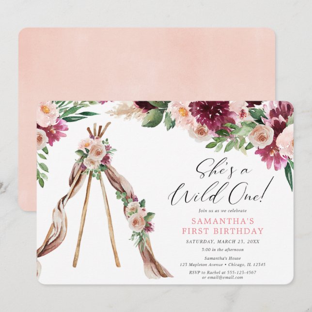 Wild one boho rustic floral girl 1st birthday invitation (Front/Back)