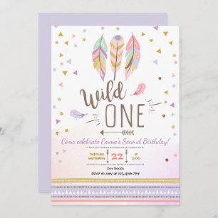 Wild One Boho Tribal Girl Purple Gold Feathers Invitation