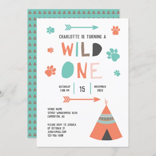 Wild One Boho Tribal Girls Birthday Orange Teal Invitation