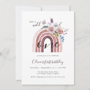 Wild & One Boho Wildflower Rainbow 1st Birthday Invitation