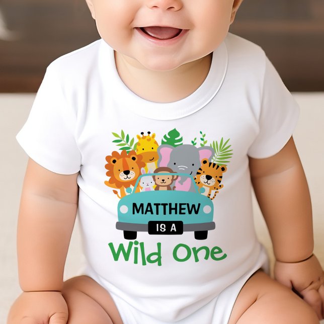 Wild One Boy 1st Birthday Animals Personalized Baby T-Shirt (Creator Uploaded)