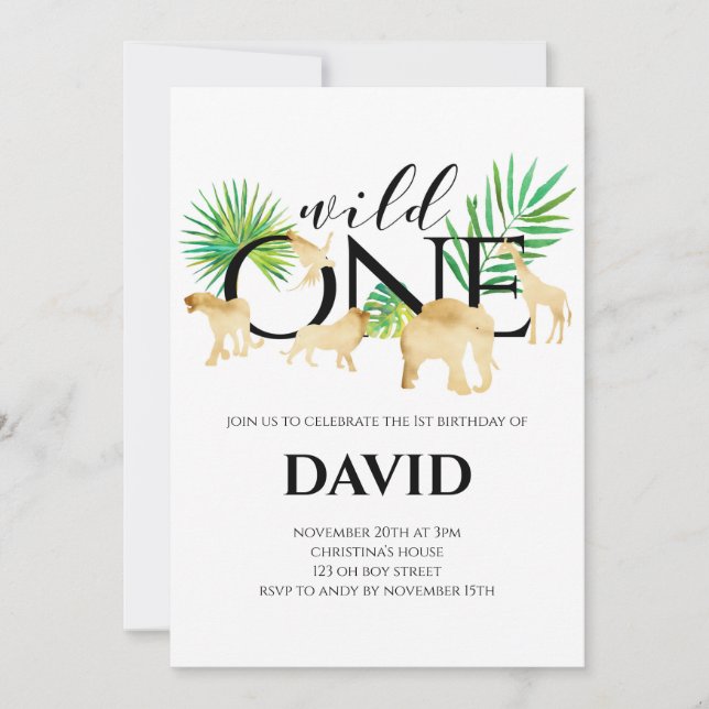 WILD ONE Boy 1st Birthday Gold Foil Animals Jungle Invitation (Front)