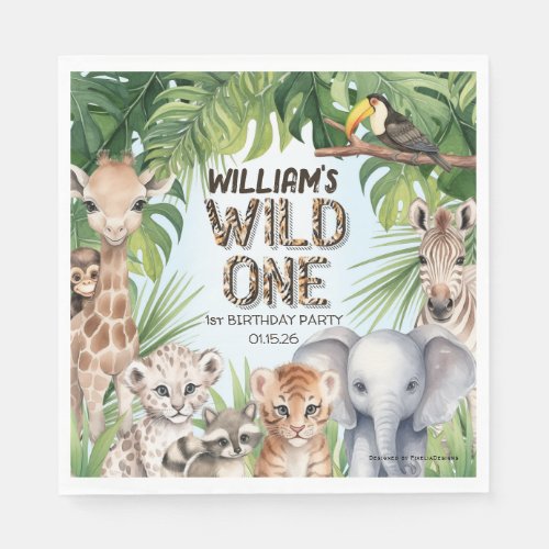 Wild one boy 1st birthday jungle animal themed napkins