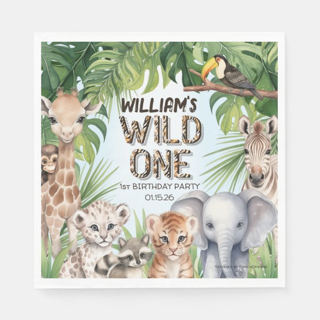 Wild one boy 1st birthday jungle animal themed napkins (Front)