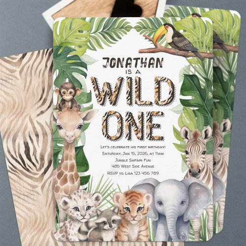 Wild one boy 1st birthday jungle safari themed  invitation