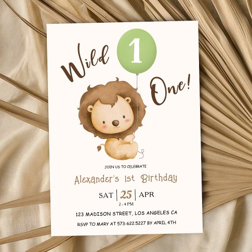 Wild One Boy 1st Birthday Lion Sage Green Balloon  Invitation