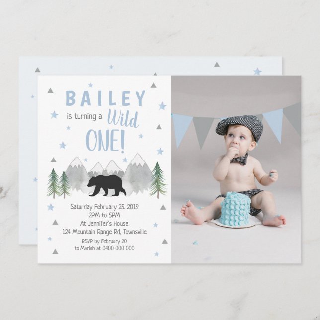 Wild One Boy 1st Birthday Photo Invitation (Front/Back)