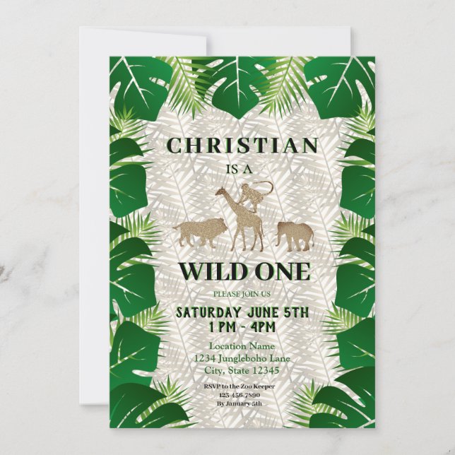 Wild One Boy 1st Birthday Safari Jungle Invitation (Front)