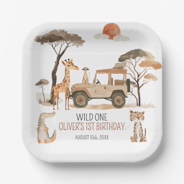 Wild One Boy 1st Birthday Safari Paper Plates (Front)