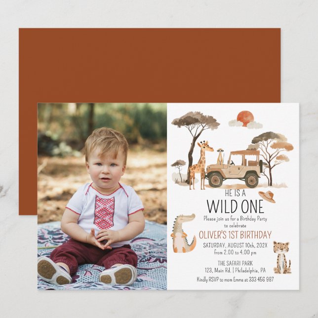 Wild One Boy 1st Birthday Safari Photo Save The Date (Front/Back)