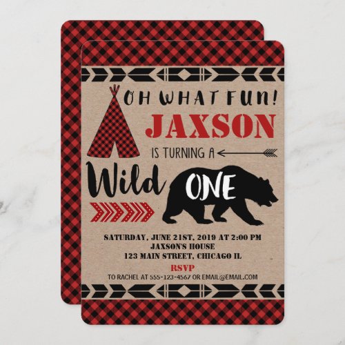 Wild one boy 1st first birthday invitation kraft